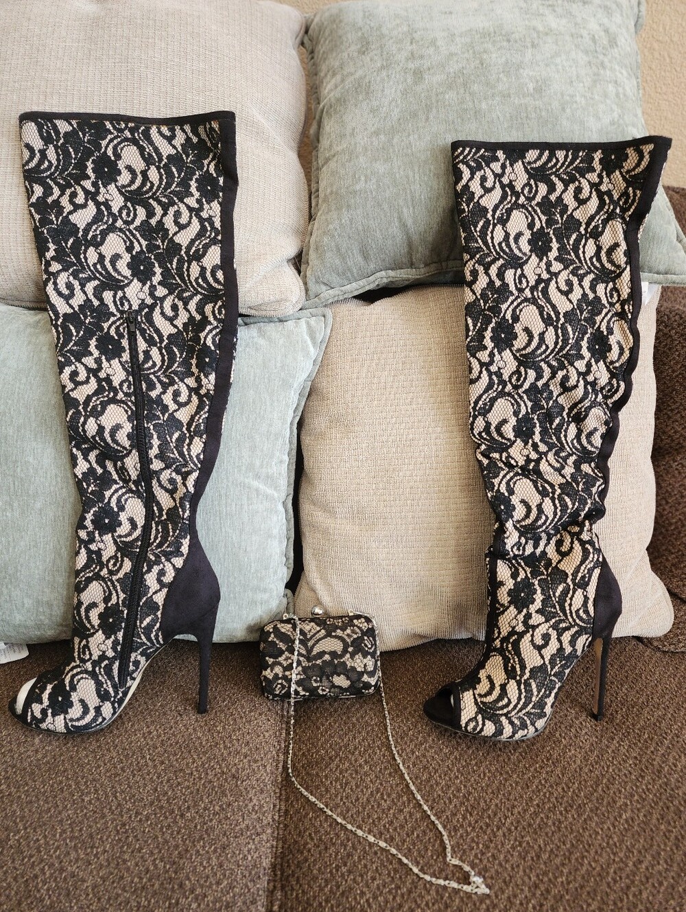 Shoedazzle KAYE Black and Nude Lace Knee-High Stiletto Boots